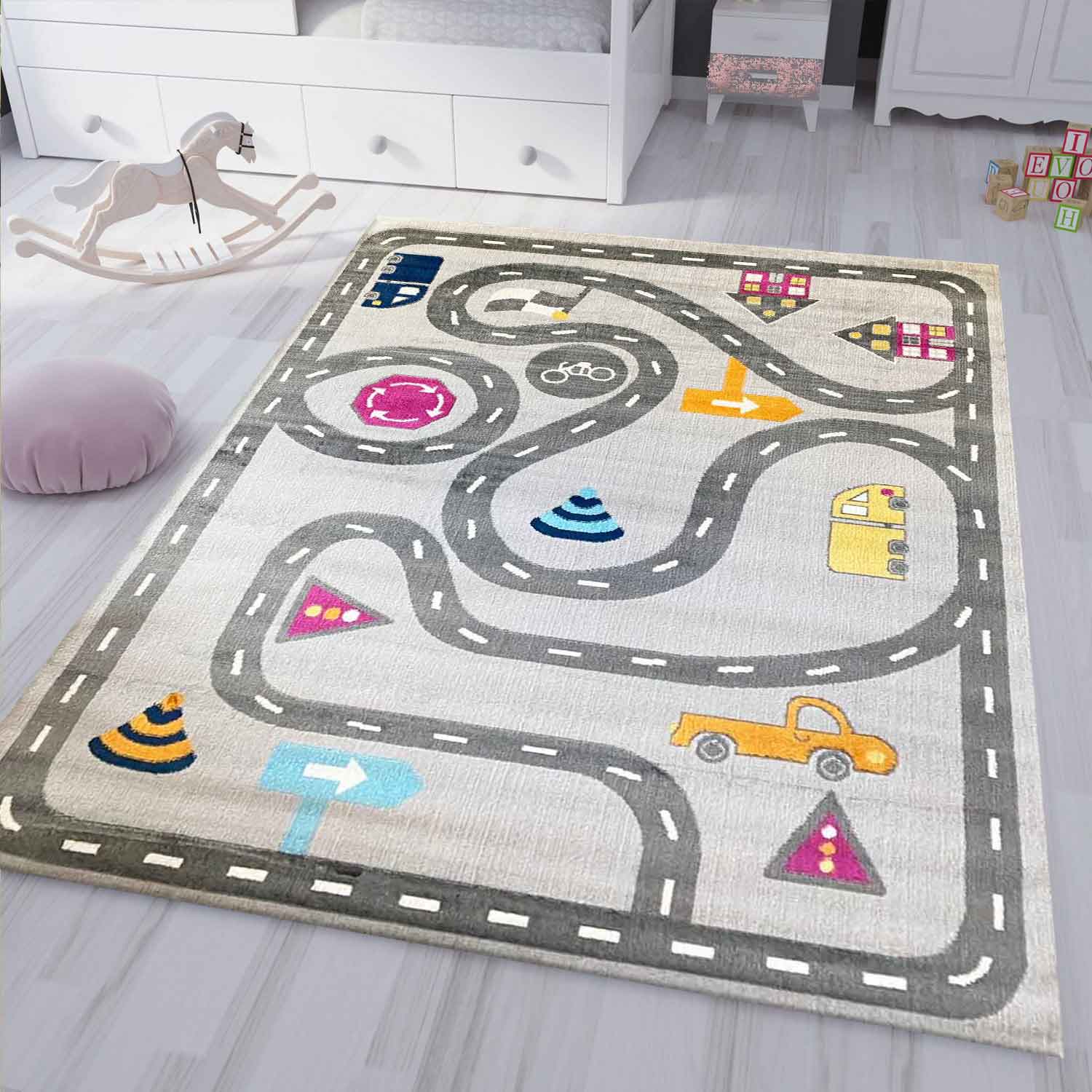 Kids' Rug Play Rug Road Car Traffic | Rug for Children's Room | Grey or Blue-5