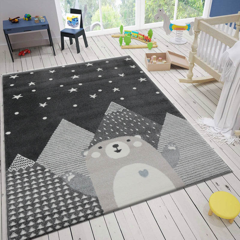 Children's rug, baby rug, kids' rug for girls and boys with a smiling bear motif | Rug for children's rooms | Color: Gray Anthracite & Cream-zoom-