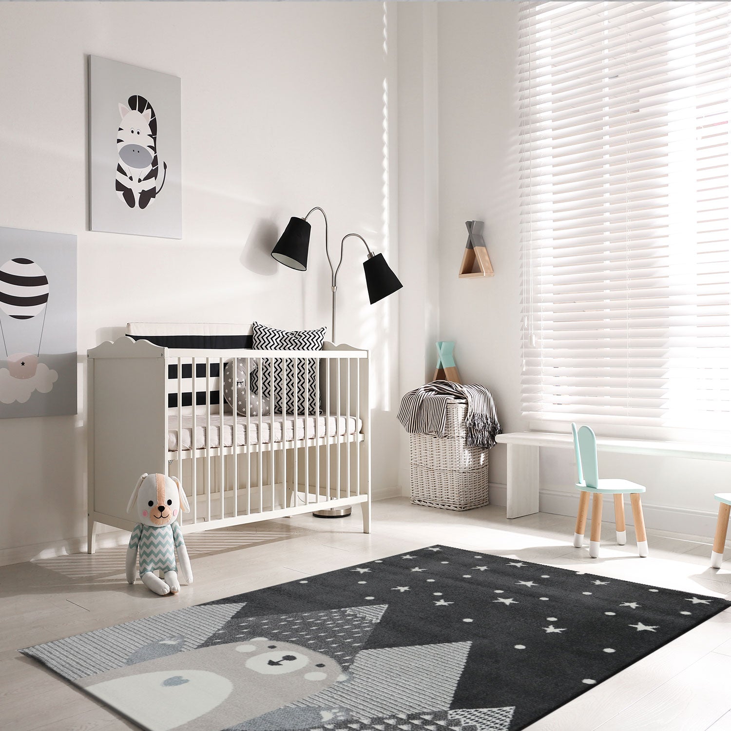 Children's rug, baby rug, kids' rug for girls and boys with a smiling bear motif | Rug for children's rooms | Color: Gray Anthracite & Cream