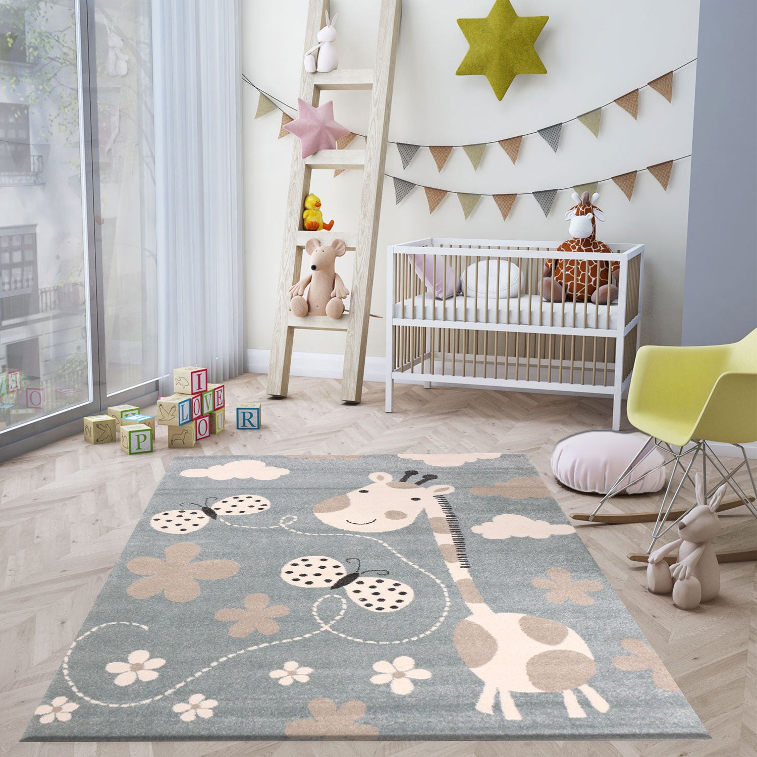 Giraffe children's rug with butterfly and flowers | Children's rug for girls and boys | Blue rug for children's rooms | Children's room rugs