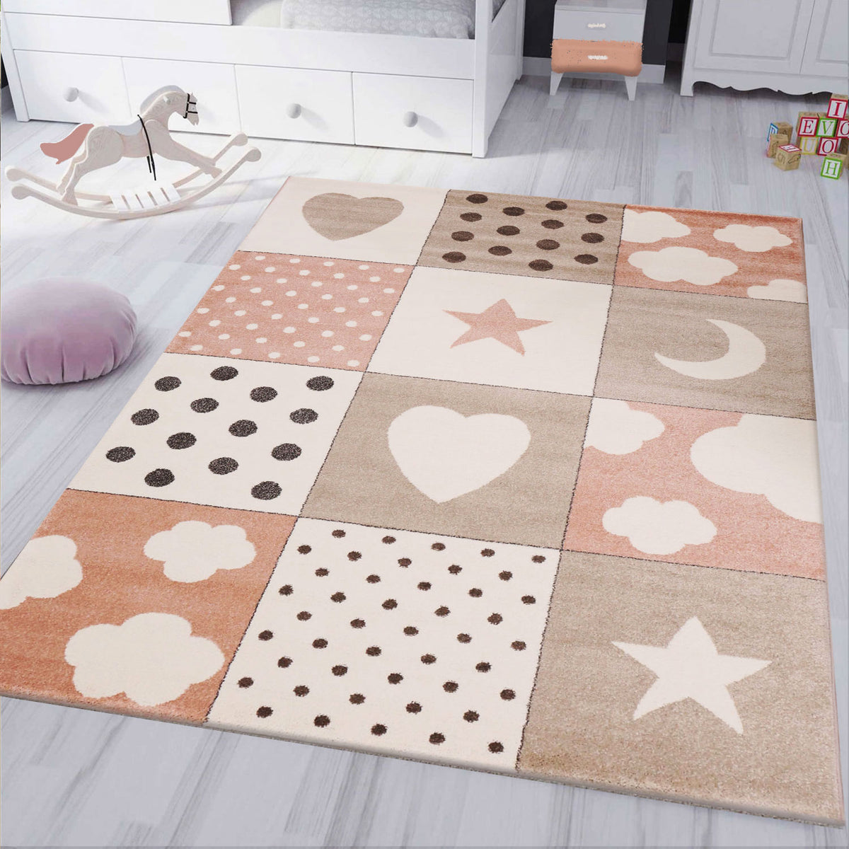 Children's Rug Baby Rug Patchwork Cloud Heart Stars Moon Dots | Children's Rug for Girls and Boys | Rug for Nursery | Color: Pink Beige Brown & Cream