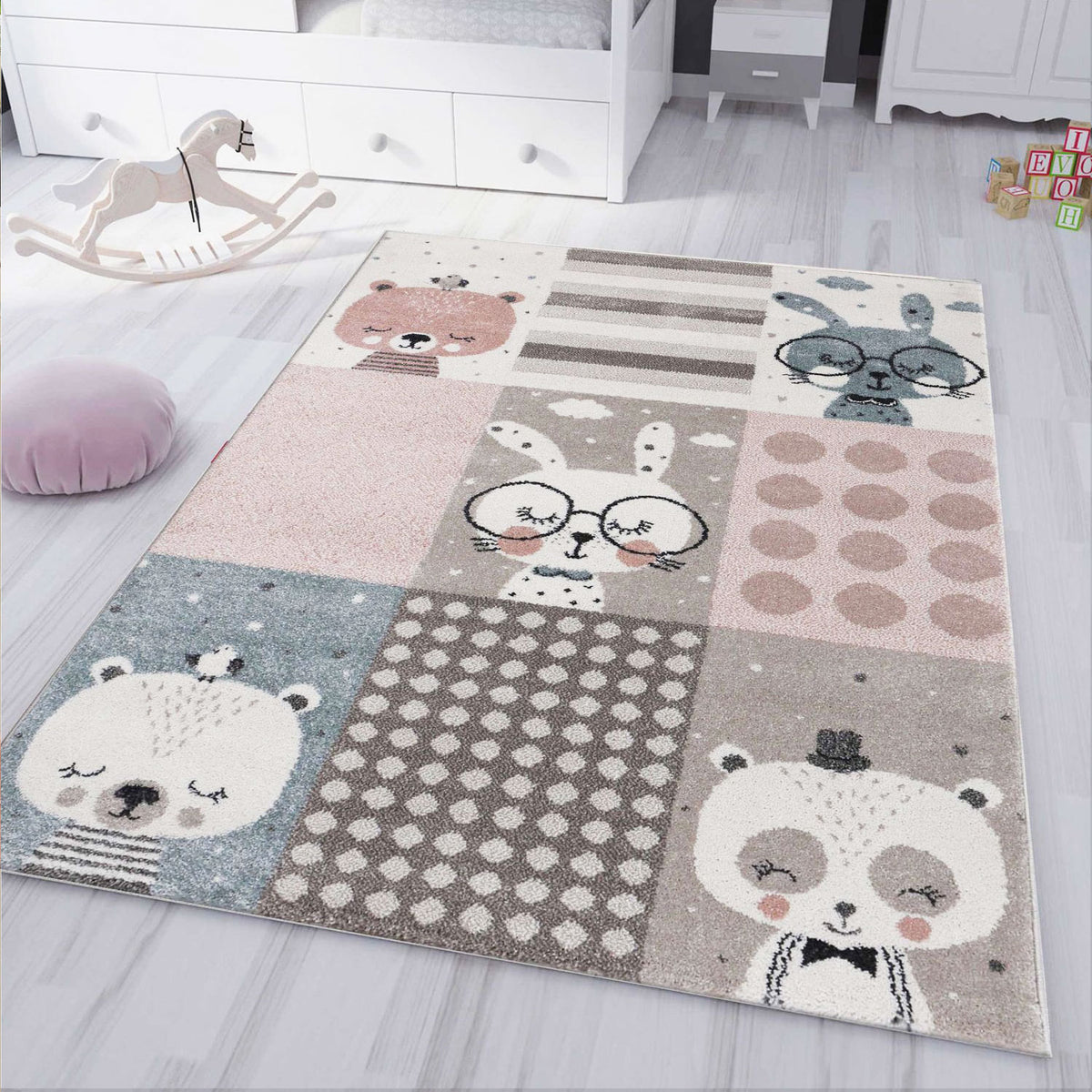 kinderteppich Kinderzimmer Teppich Pastell Blau Braun Rosa Fabel Tiere-zoom-1
