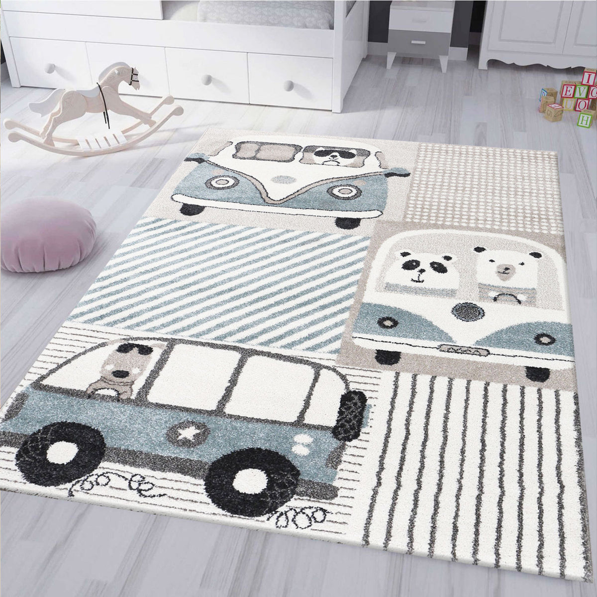 Kinderzimmer Teppich Pastell Blau Creme Fabel Tiere Auto