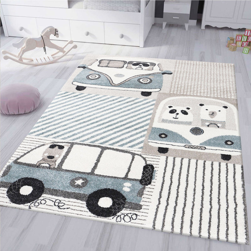 Kinderzimmer Teppich Pastell Blau Creme Fabel Tiere Auto-zoom-