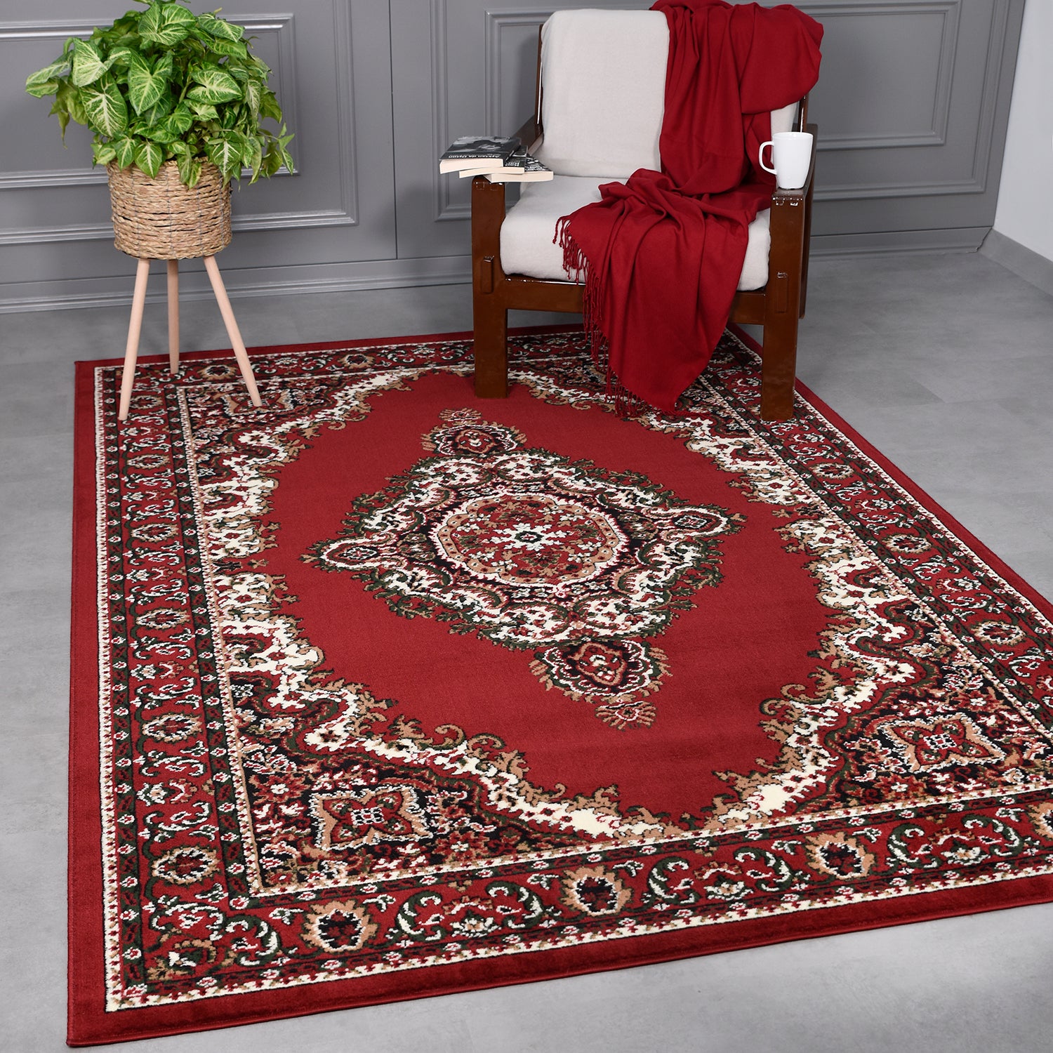 Oriental pattern rug, short pile, classic, for living room, dining room, hallway - beige and red-1