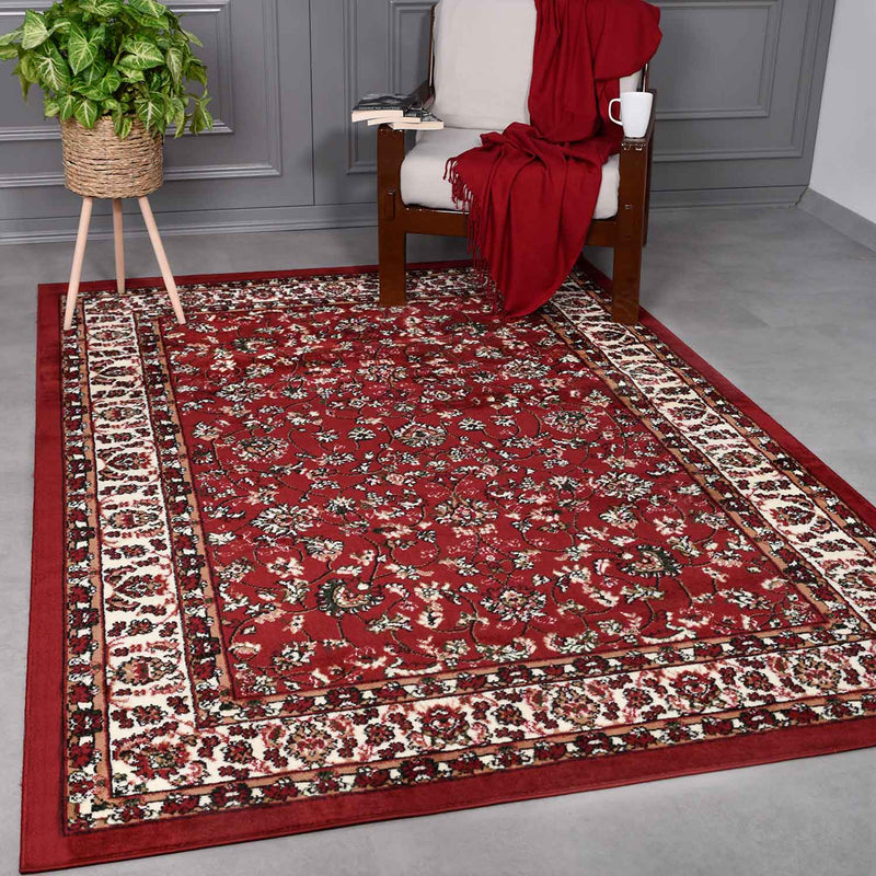 Oriental rug, red and beige, classically densely woven with ornament and floral motifs.-zoom-