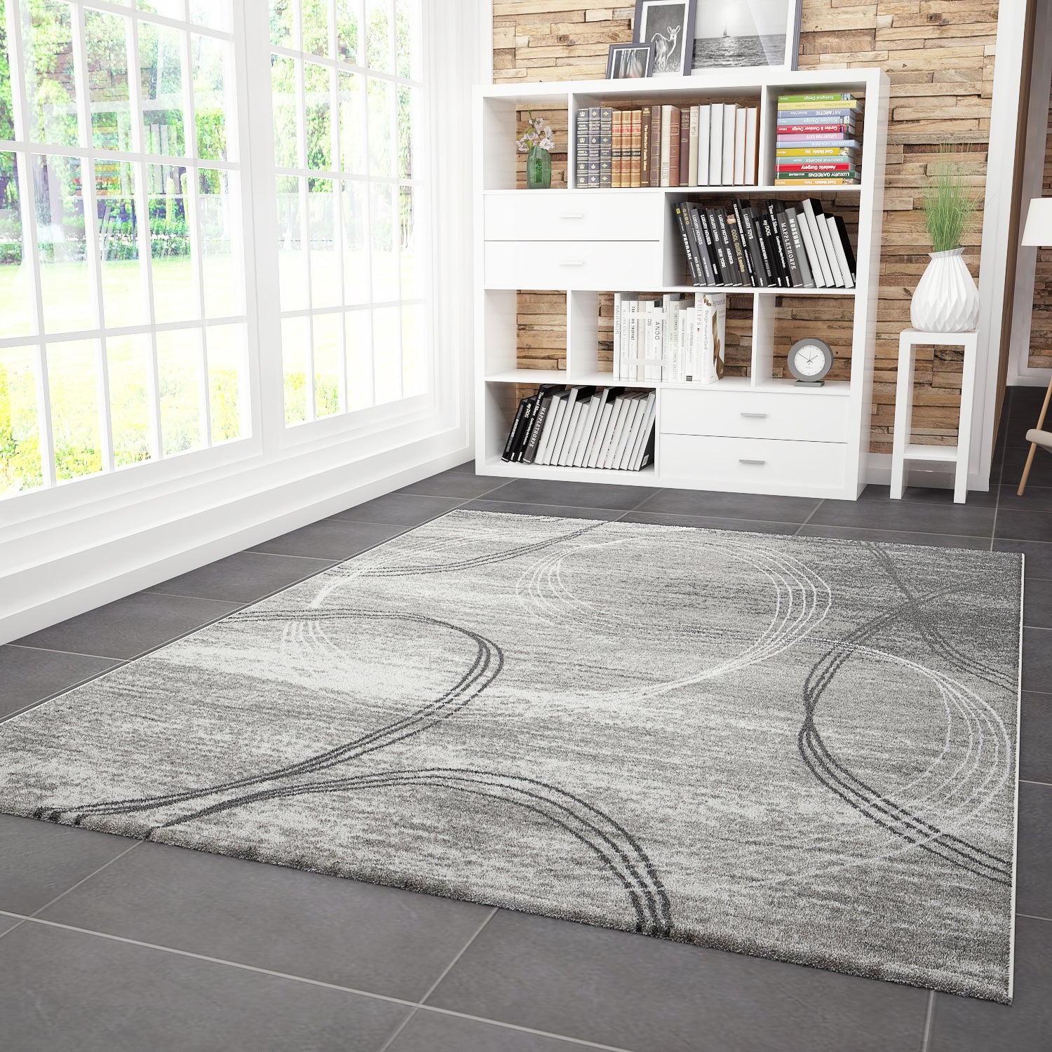 Designer rug, modern swirl pattern, mottled in grey and black-zoom-1