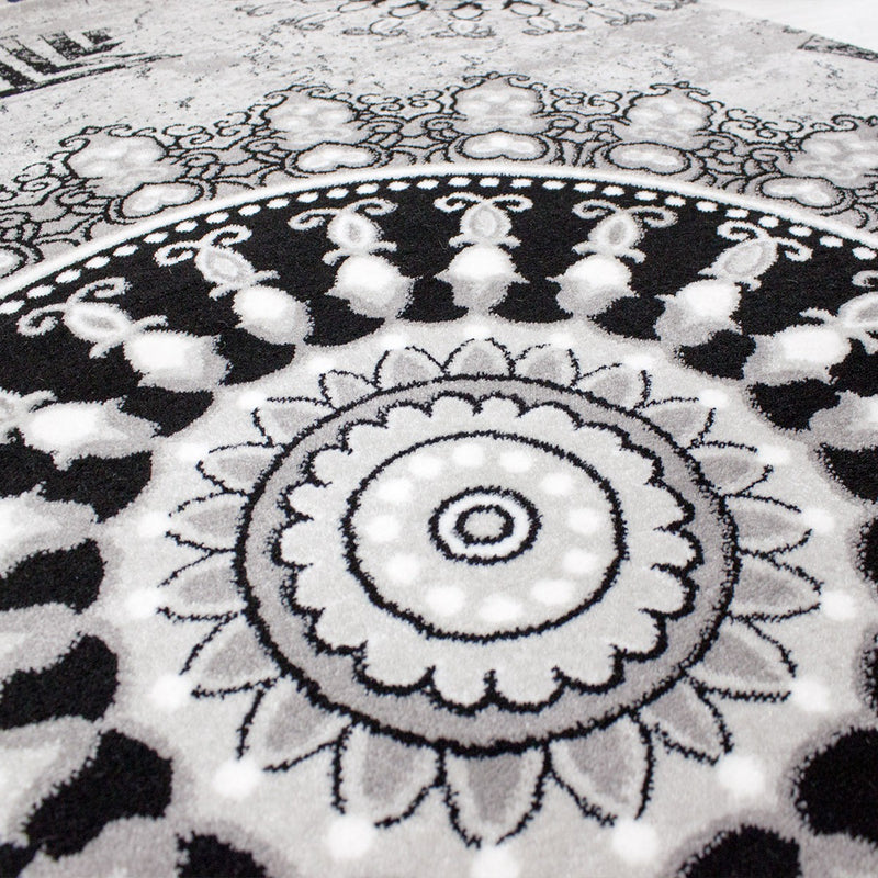 Teppich kurzflor Klassisch Orient Design Vintage Mandala Dunkelbraun Grau Anthrazit, für Wohnzimmer, Schlafzimmer-zoom-