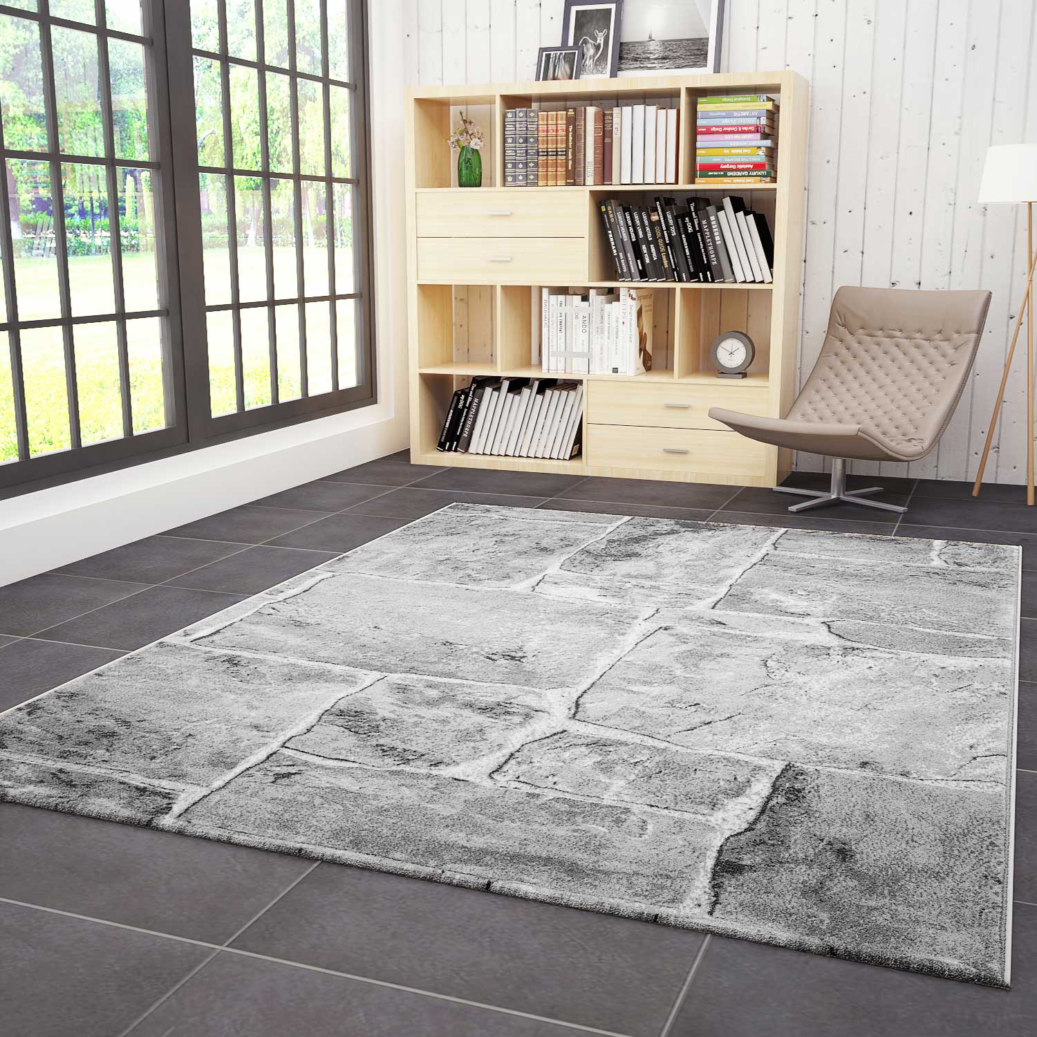 Designer rug, modern stone wall marble look in grey-1