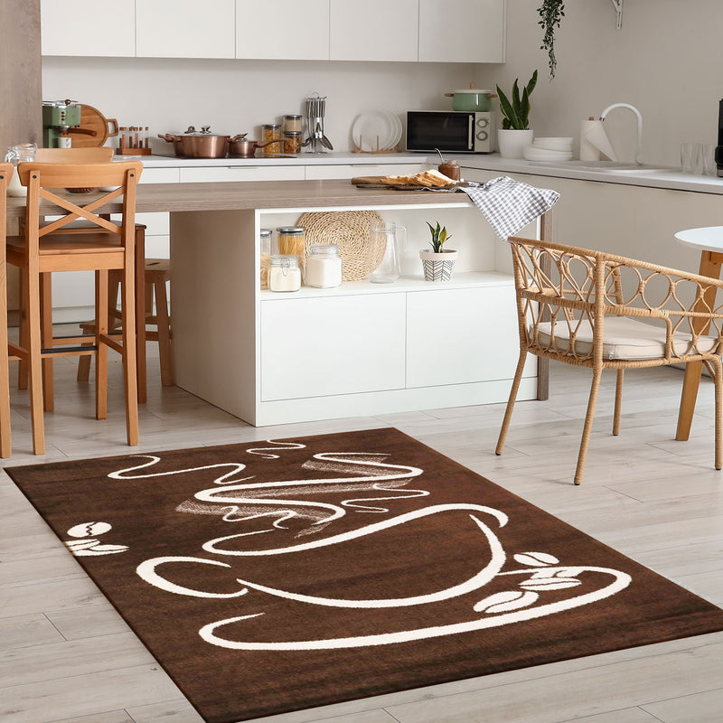 Küchenteppich Braun Trendiger Kaffee Teppich, Cappuccino Muster Tasse Kurzflor-zoom-