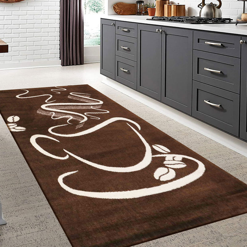 Küchenteppich Braun Trendiger Kaffee Teppich, Cappuccino Muster Tasse Kurzflor-zoom-