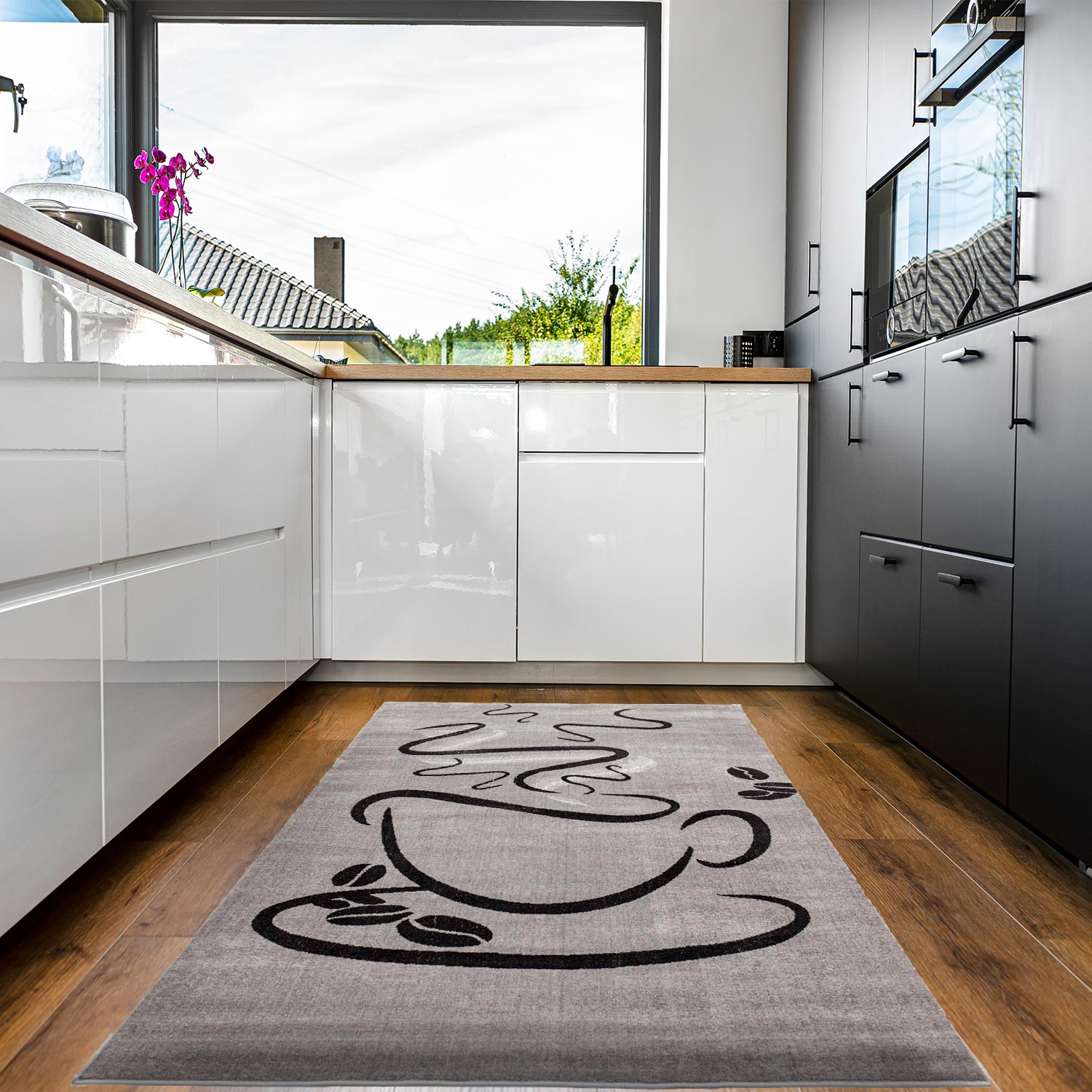 Küchenteppich Grau Trendiger Kaffee Teppich, Cappuccino Muster Küchenläufer Kurzflor