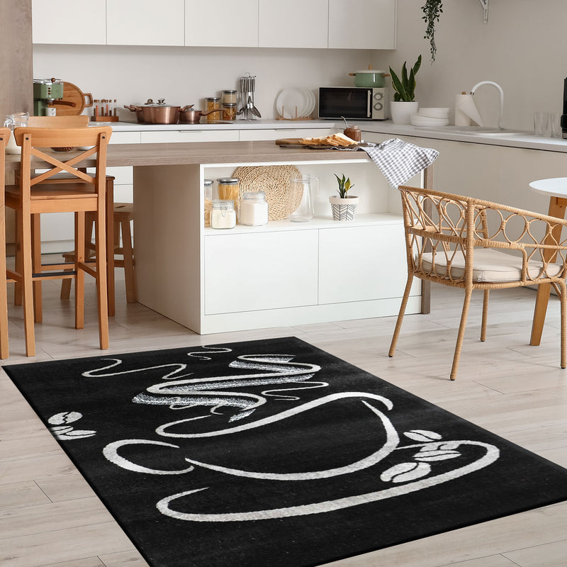 Küchenteppich Schwarz Trendiger Kaffee Teppich, Cappuccino Muster Tasse Kurzflor-zoom-