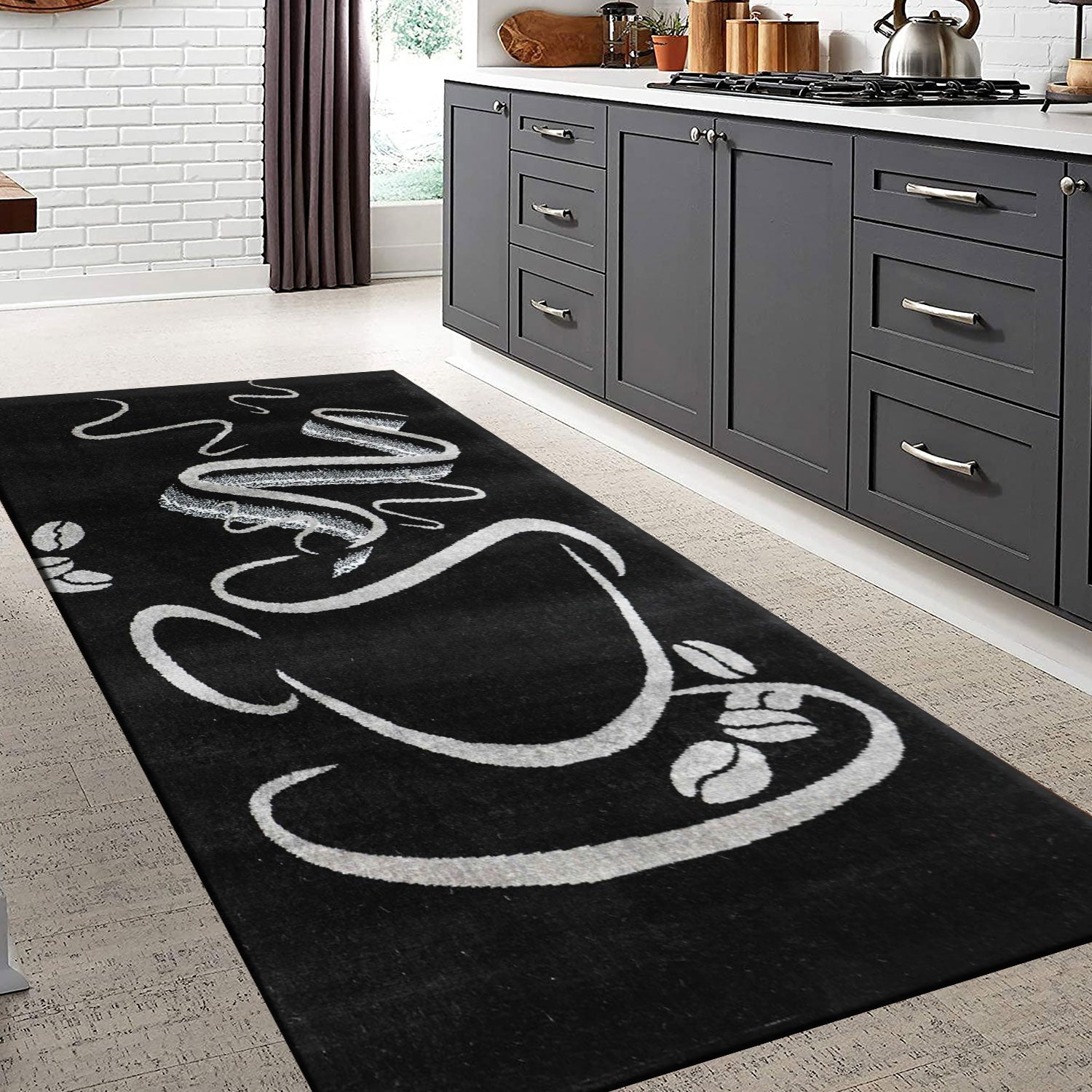 Küchenteppich Schwarz Trendiger Kaffee Teppich, Cappuccino Muster Tasse Kurzflor-5