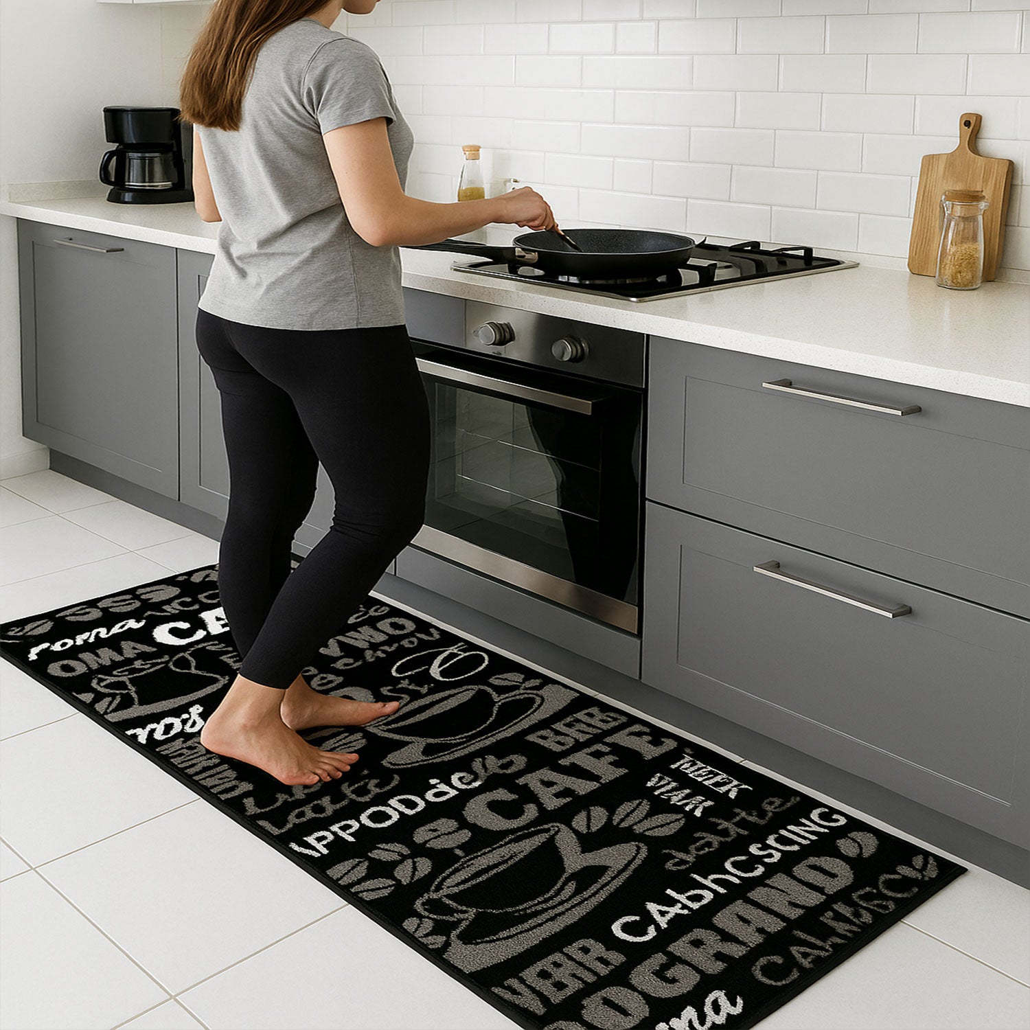 Kitchen rug, carpet runner, coffee design, modern coffee pattern in black, ideal for the lounge or kitchen