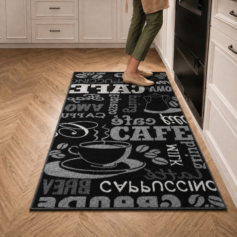 Küchenteppich Teppichläufer Coffee Design Modern Kaffee Muster in Schwarz ideal für die Lounge oder Küche-zoom-