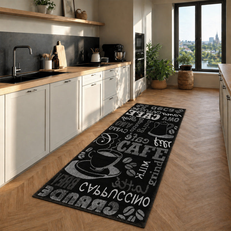 Küchenteppich Teppichläufer Coffee Design Modern Kaffee Muster in Schwarz ideal für die Lounge oder Küche-zoom-