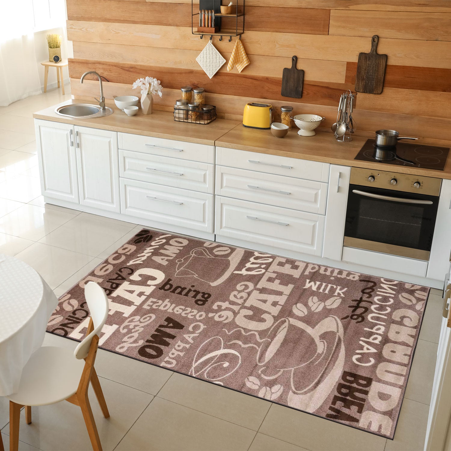 Kitchen rug, carpet runner, modern coffee design in brown and beige, suitable for lounge or kitchen