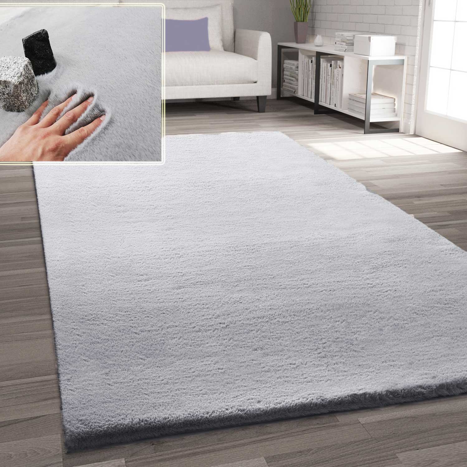Faux fur rug in light grey, dense, fluffy, silky sheen-1
