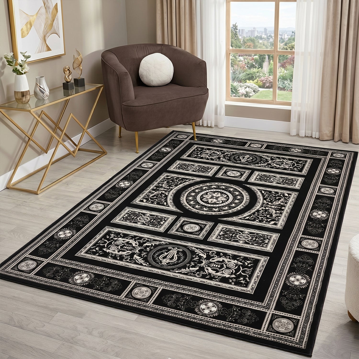 Kurzflor Teppich Orientalisch Schwarz & Gold– Teppich Wohnzimmer & Schlafzimmer-4