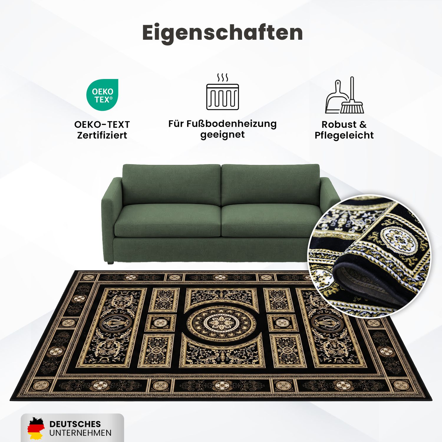 Kurzflor Teppich Orientalisch Schwarz & Gold– Teppich Wohnzimmer & Schlafzimmer-13