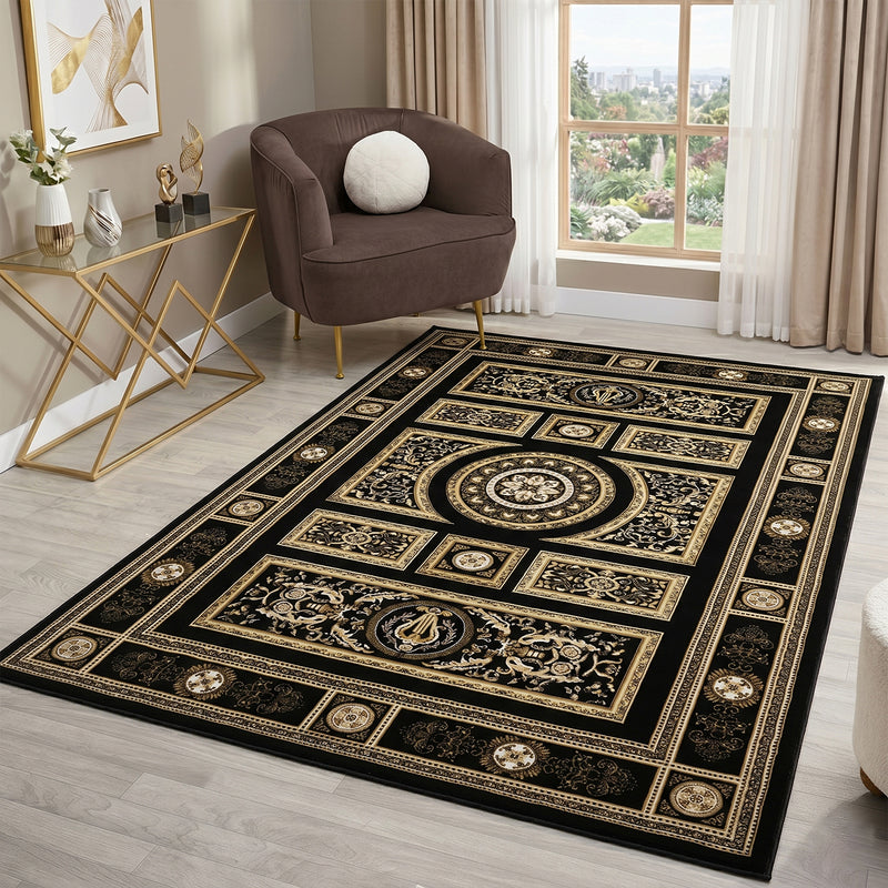 Kurzflor Teppich Orientalisch Schwarz & Gold– Teppich Wohnzimmer & Schlafzimmer-zoom-