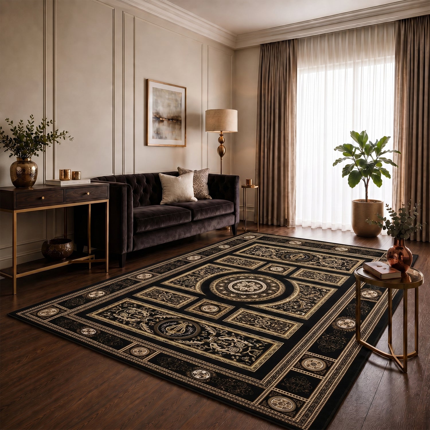 Kurzflor Teppich Orientalisch Schwarz & Gold– Teppich Wohnzimmer & Schlafzimmer-9