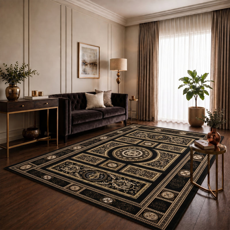 Kurzflor Teppich Orientalisch Schwarz & Gold– Teppich Wohnzimmer & Schlafzimmer-zoom-
