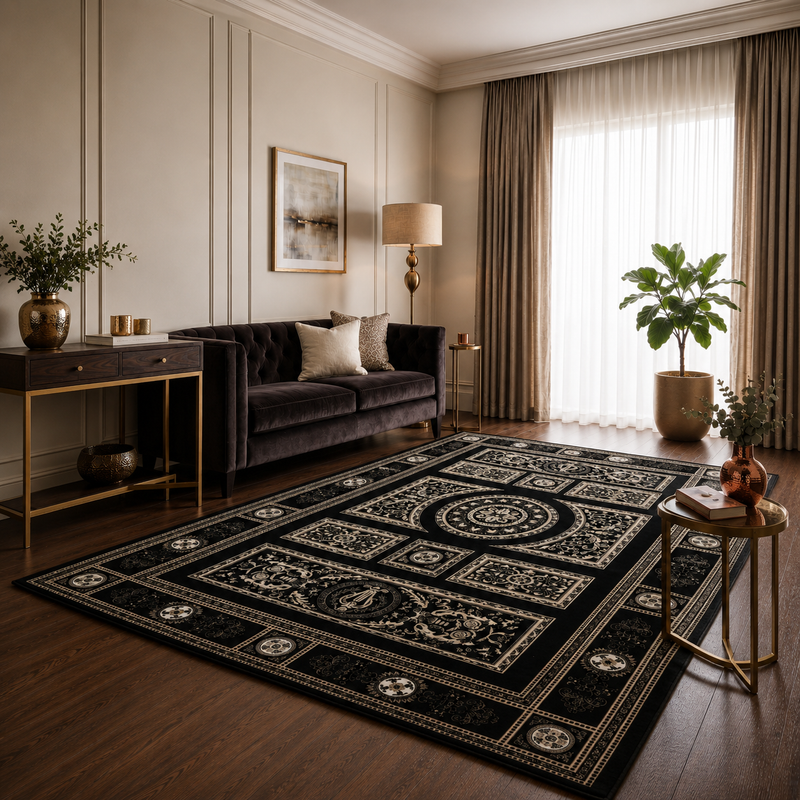 Kurzflor Teppich Orientalisch Schwarz & Gold– Teppich Wohnzimmer & Schlafzimmer-zoom-
