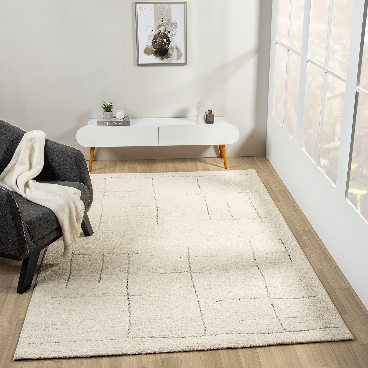 Kurzflor Teppich Skandinavisch Wohnzimmer Schlafzimmer Boho Optik Weich Streifen-2