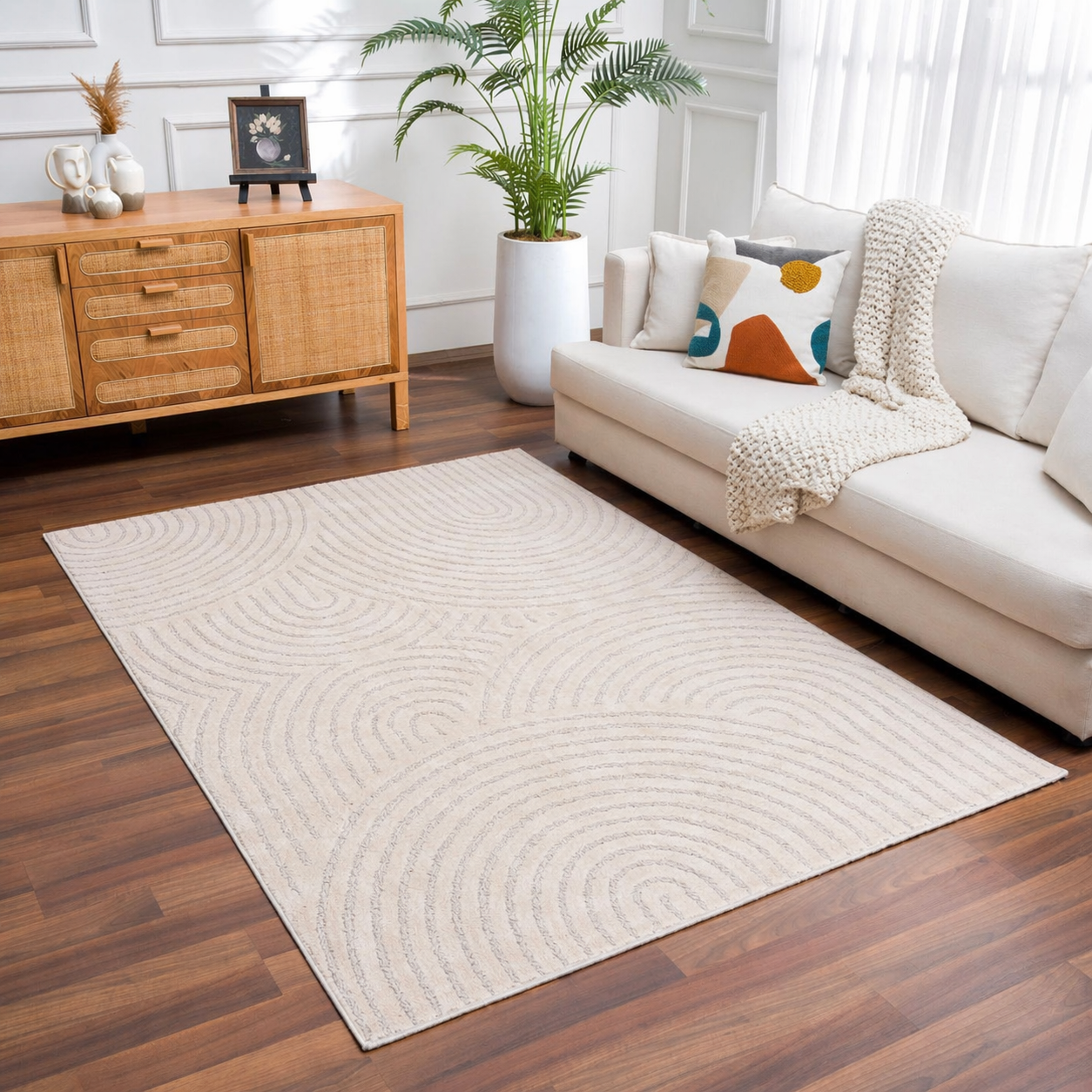 Kurzflor Teppich Wohnzimmer – Moderner Design Teppich mit Struktur, weich, pflegeleicht, in Creme, Beige & Taupe-zoom-46