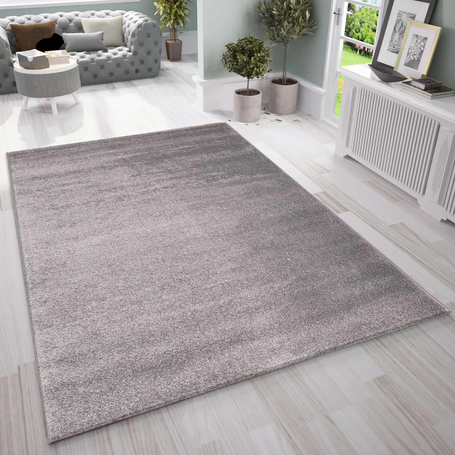 Short-pile rug, solid color, soft & fluffy, silky sheen in grey/anthracite, for living room, bedroom, kitchen-1