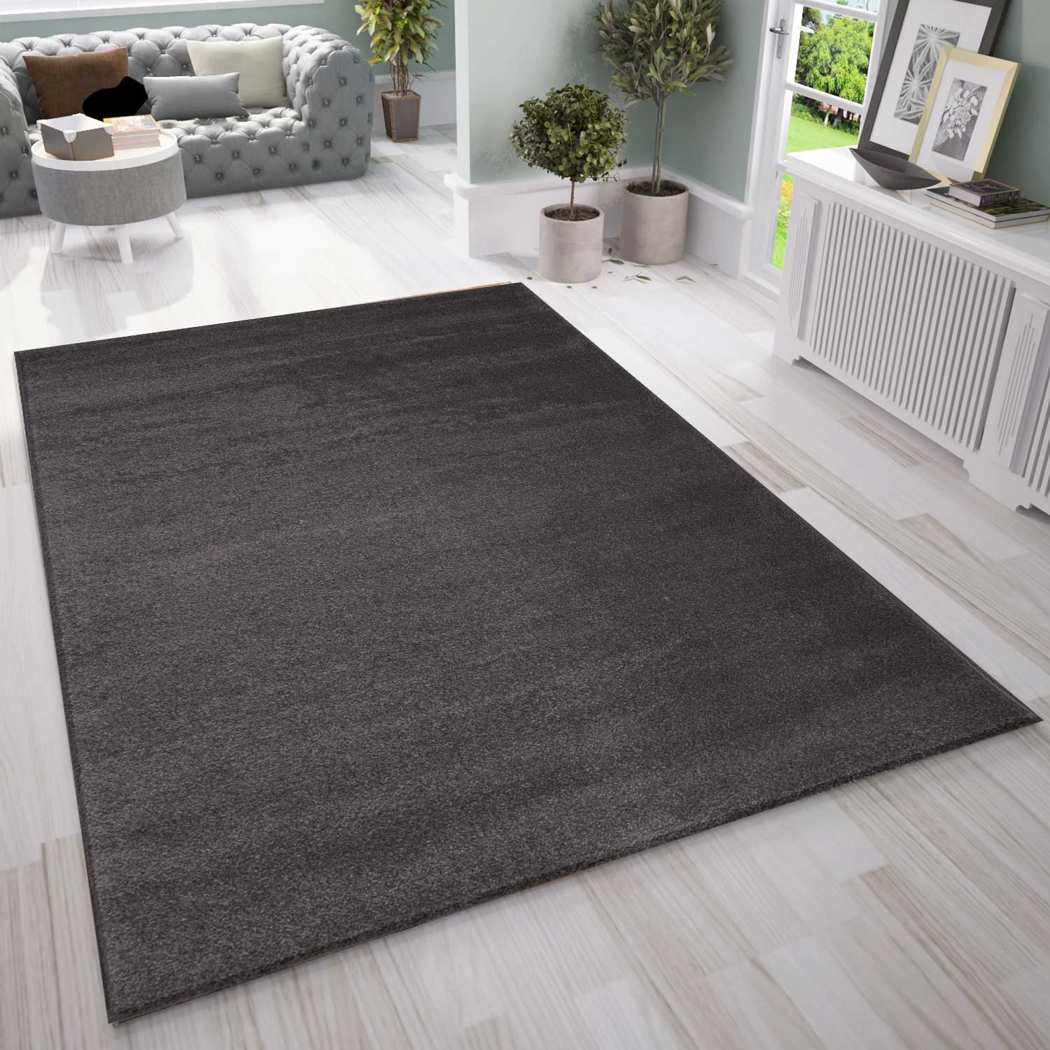 Short-pile rug, solid color, soft & fluffy, silky sheen in grey/anthracite, for living room, bedroom, kitchen-zoom-5