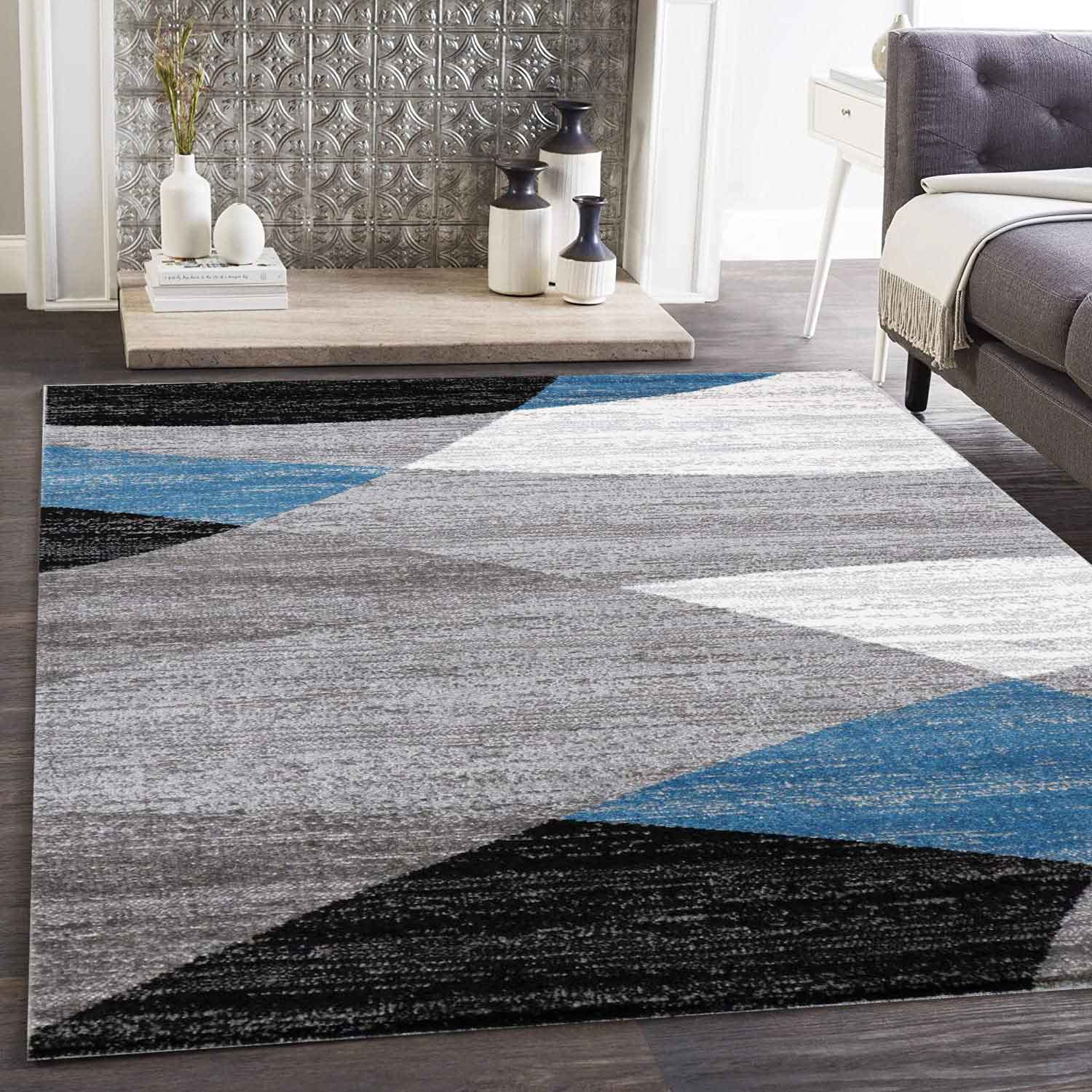 Teppich Geometrisches Muster Meliert in Blau Grau Weiß Schwarz Kurzflor Wohnzimmer-zoom-2