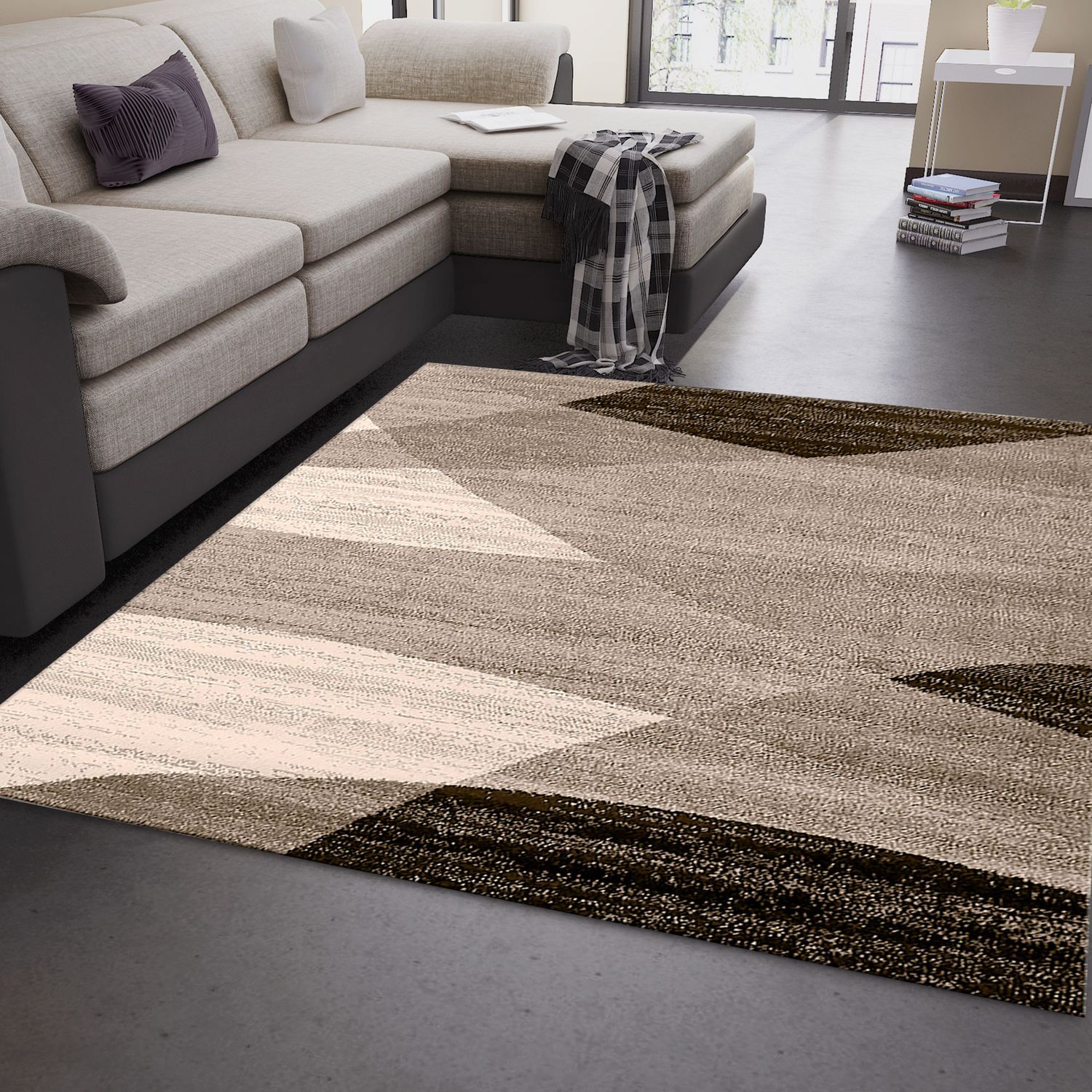 Modern rug with geometric pattern, mottled in brown and beige