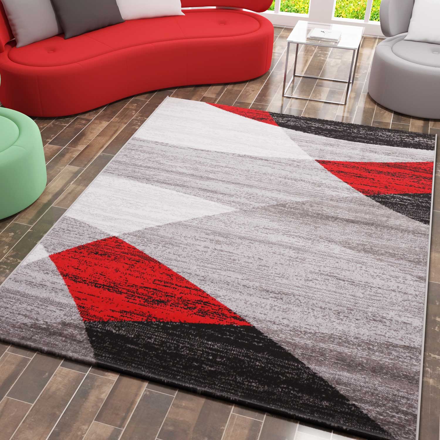 Geometric patterned rug in red, grey, white, and black, short pile, for living room