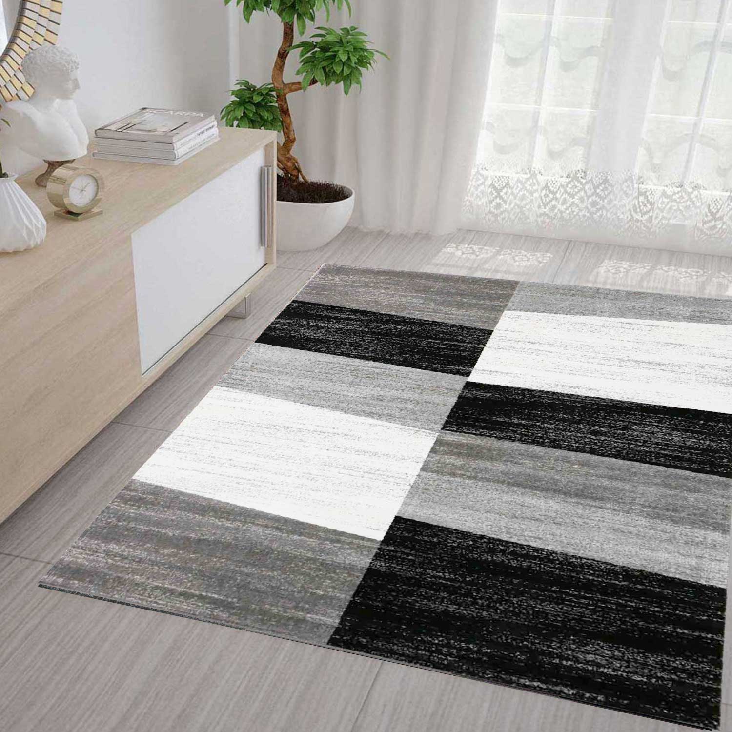 Teppich Geometrisches Kachel Muster Meliert kariert in Grau Weiß und Schwarz-1