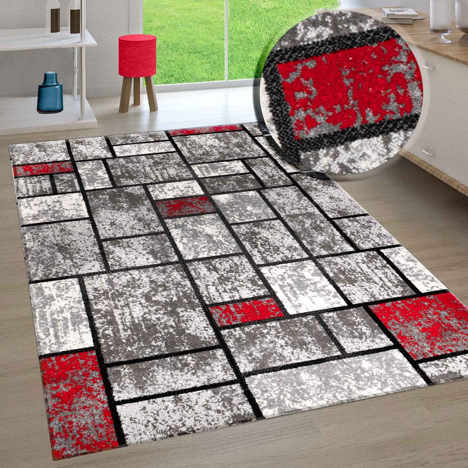 Moderner Teppich Wohnzimmer Geometrisches Muster Meliert in Grau & Rot-zoom-1