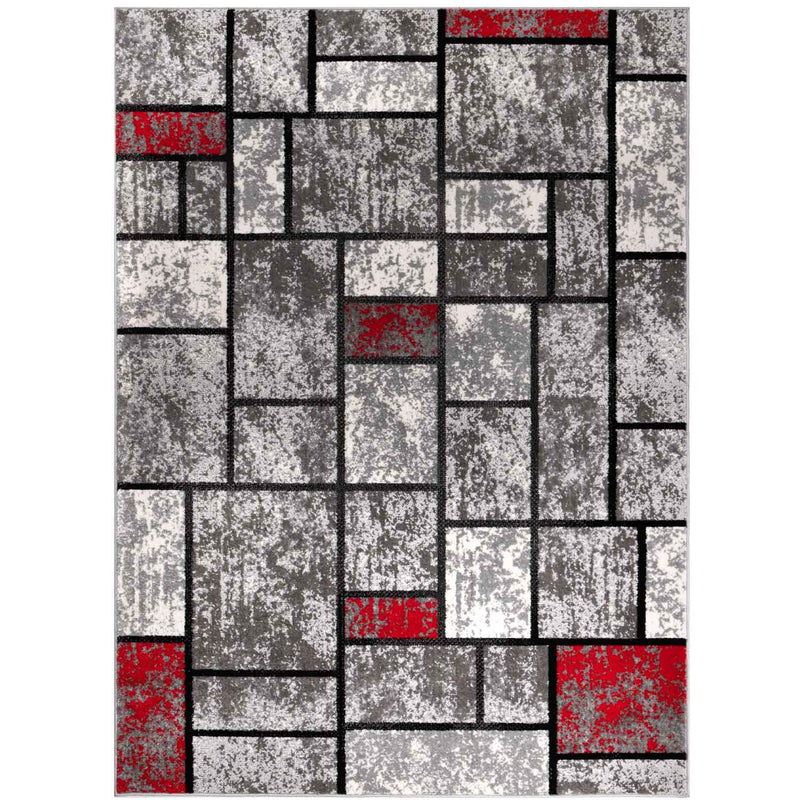 Moderner Teppich Wohnzimmer Geometrisches Muster Meliert in Grau & Rot-zoom-