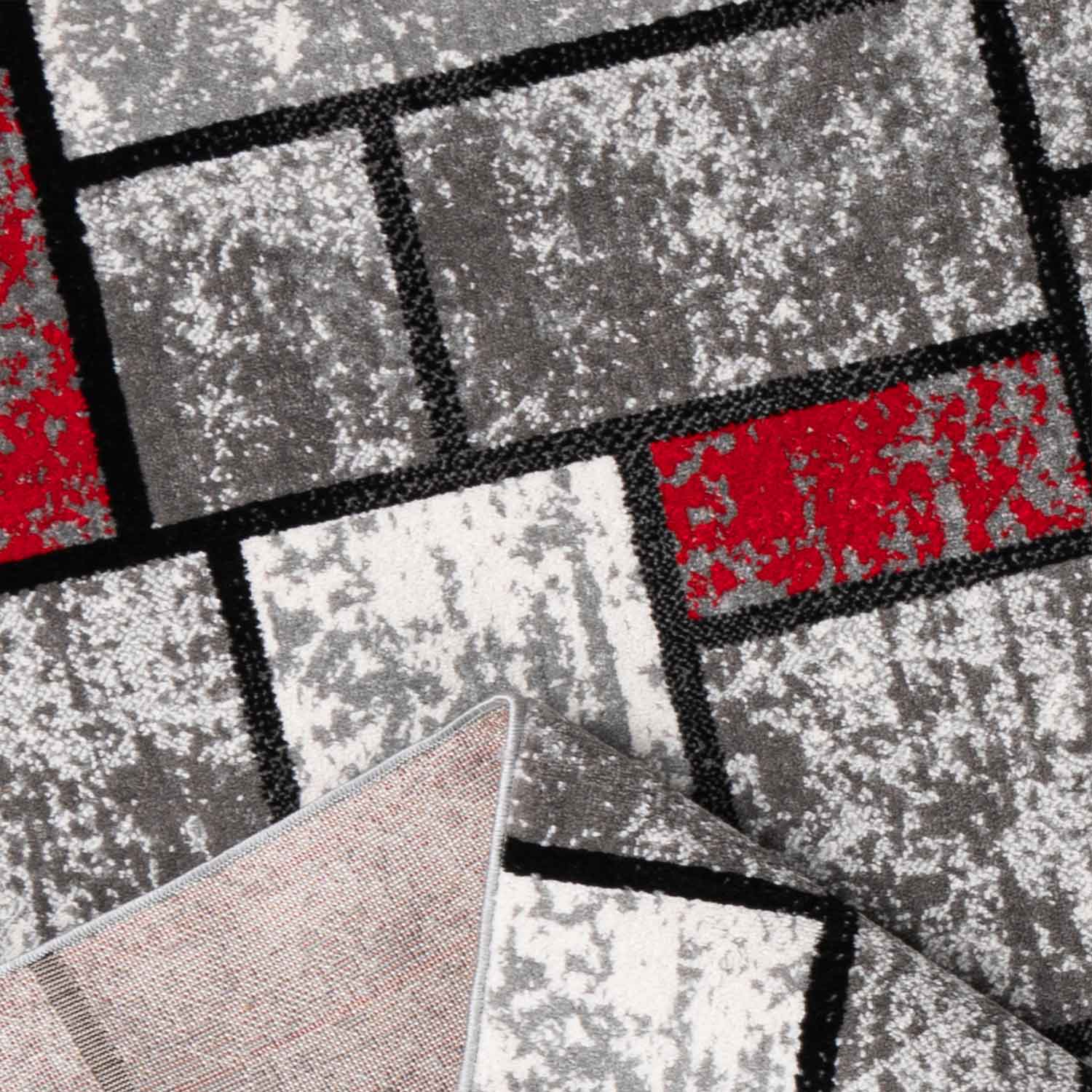 Moderner Teppich Wohnzimmer Geometrisches Muster Meliert in Grau & Rot