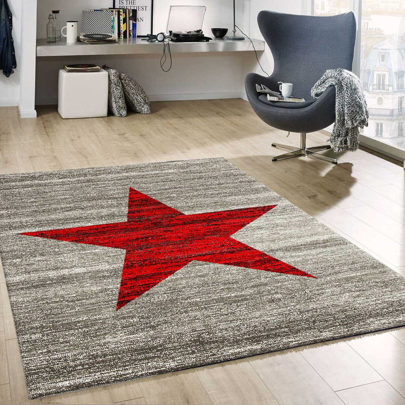 Red trendy short-pile rug, star pattern, youth room, grey, easy to clean-zoom-