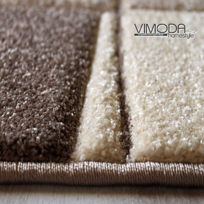 Teppich Modern Klassiker für Wohnzimmer Kurzflor dich gewebt mit Bordürenmotiv braun beige und Konturenschnitt-zoom-