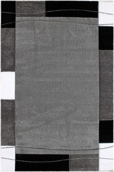 Modern classic short-pile rug, densely woven with a border motif in grey, white, and black, and contour cut.