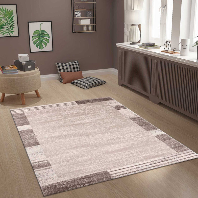 Moderner Designer Teppich mit Abstrakt Muster in Beige Braun Bordüre Rand-zoom-