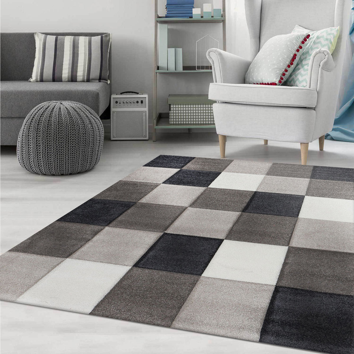 Kurzflor Teppich Wohnzimmer Kariert Grau Anthrazit Creme Beige Weich Robust Konturenschnitt-zoom-1