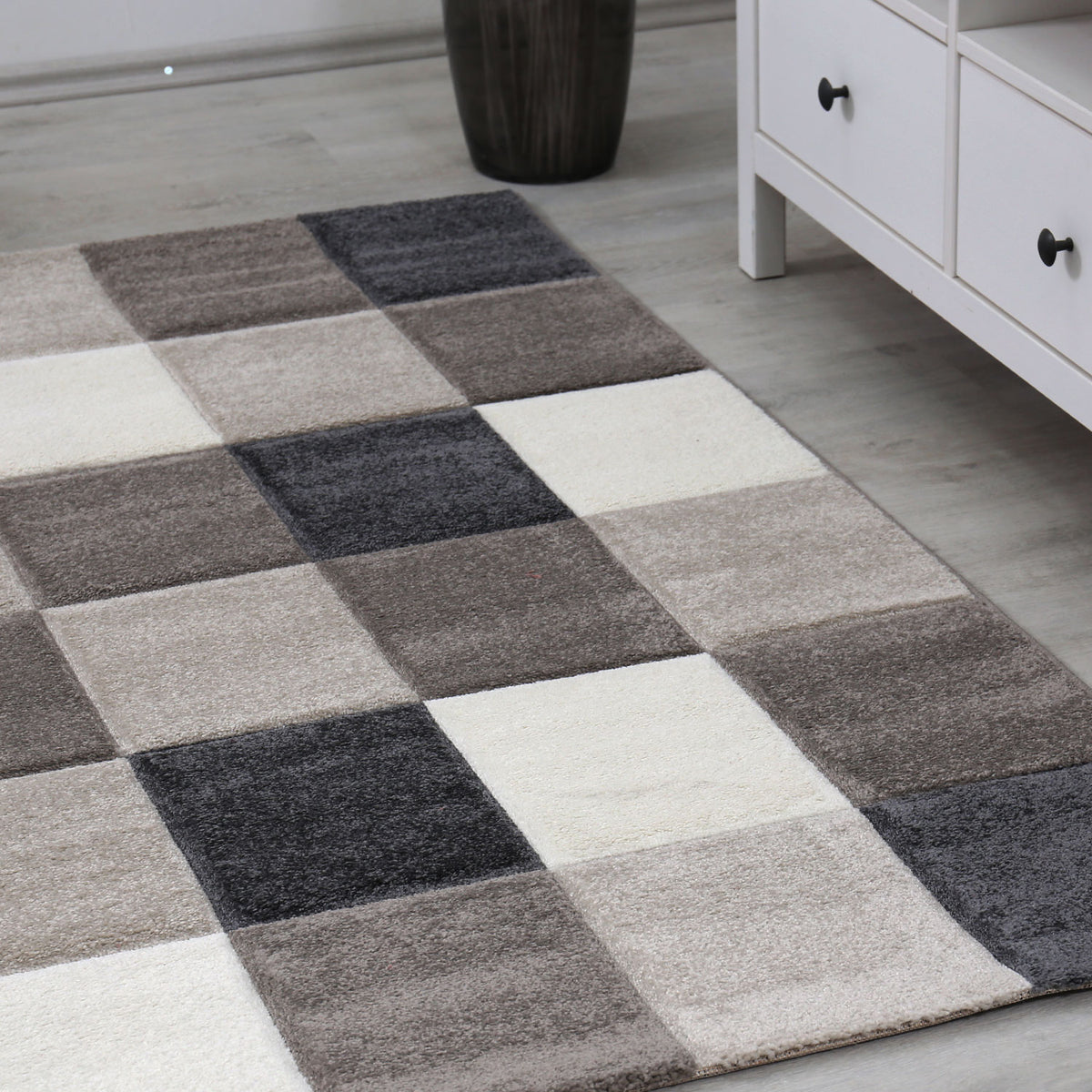 Kurzflor Teppich Wohnzimmer Kariert Grau Anthrazit Creme Beige Weich Robust Konturenschnitt-zoom-3