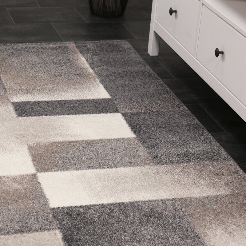 Modern designer rug with geometric abstract pattern in grey and beige-zoom-