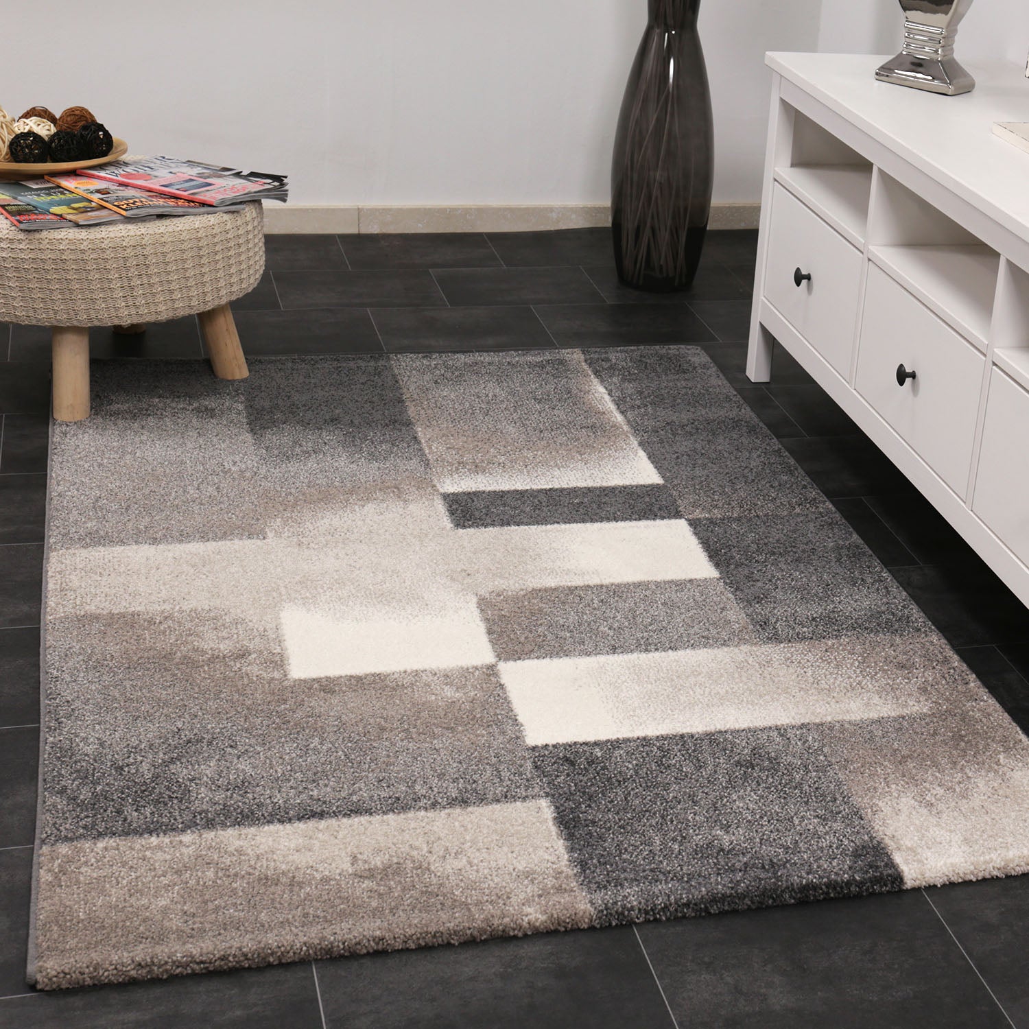 Modern designer rug with geometric abstract pattern in grey and beige-1