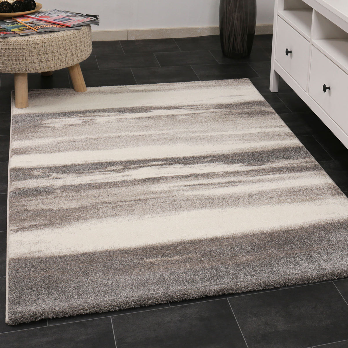 Modern designer rug with abstract stripe pattern in gray and beige-1