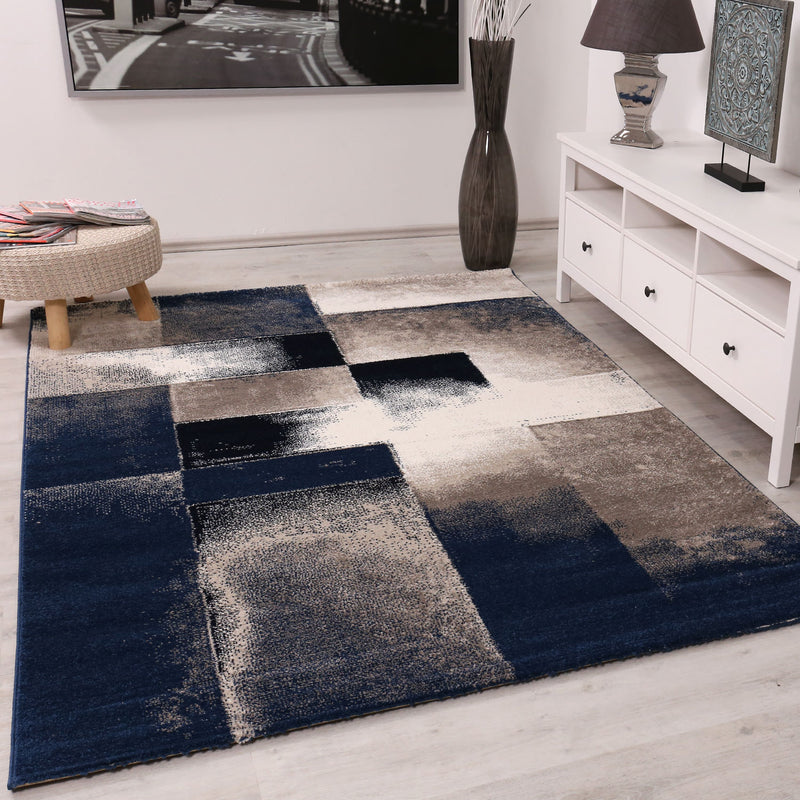 Teppich Gemotrisch Abstrakt Blau und Beige Muster-zoom-